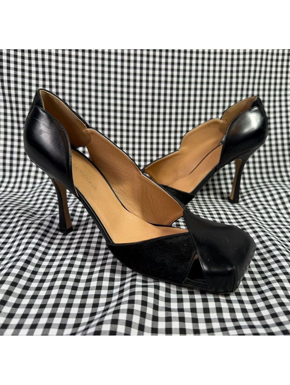 Bottega Veneta Pumps Womens 9.5 EU 39.5 Black Leather Calf Hair Square Toe Heels